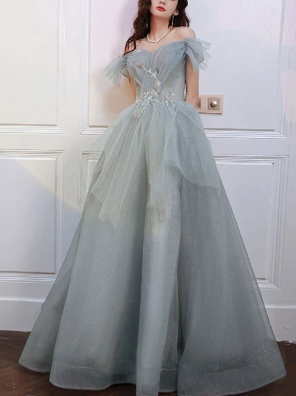 women's boho dressesGray Blue Sweetheart Neck Tulle Long Prom Dress Gray Evening Dress