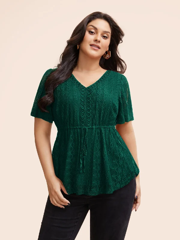 women's tops for those who want to wear versatile pieces that can be dressed up or downV Neck Lace Panel Drawstring Blouse