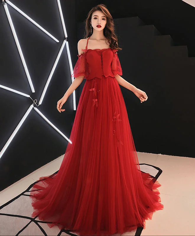 Wedding DressUnique Red Tulle Lace Long Prom Dress Tulle Red Evening Dress