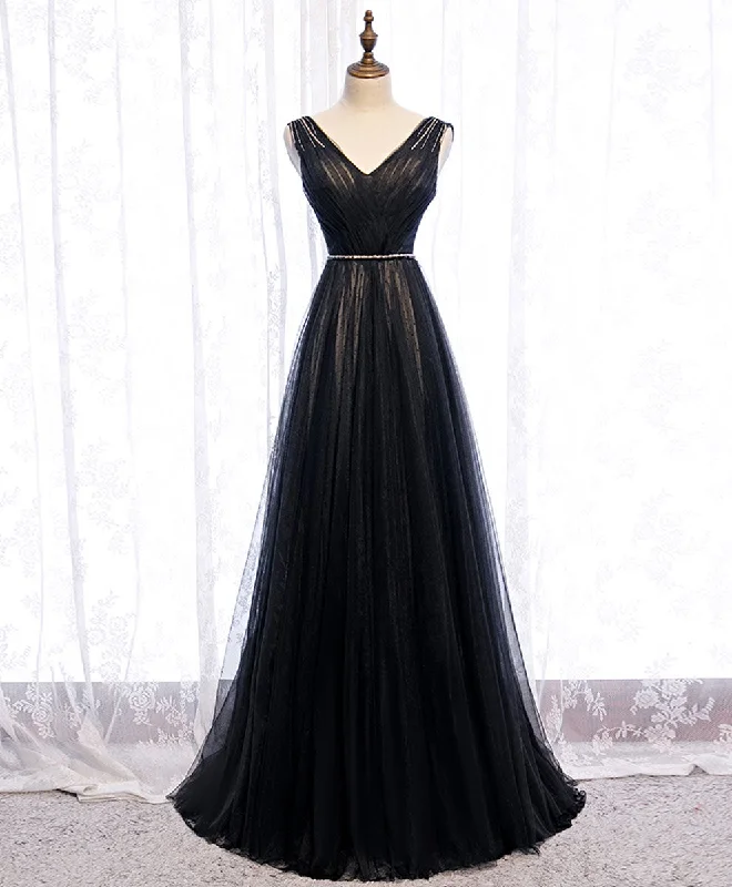 women's denim dressesBlack V Neck Tulle Lace Long Prom Dress Black Evening Dress