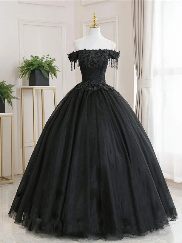 Halter DressBlack Tulle Off Shoulder Lace Long Prom Dress, Black Evening Dress