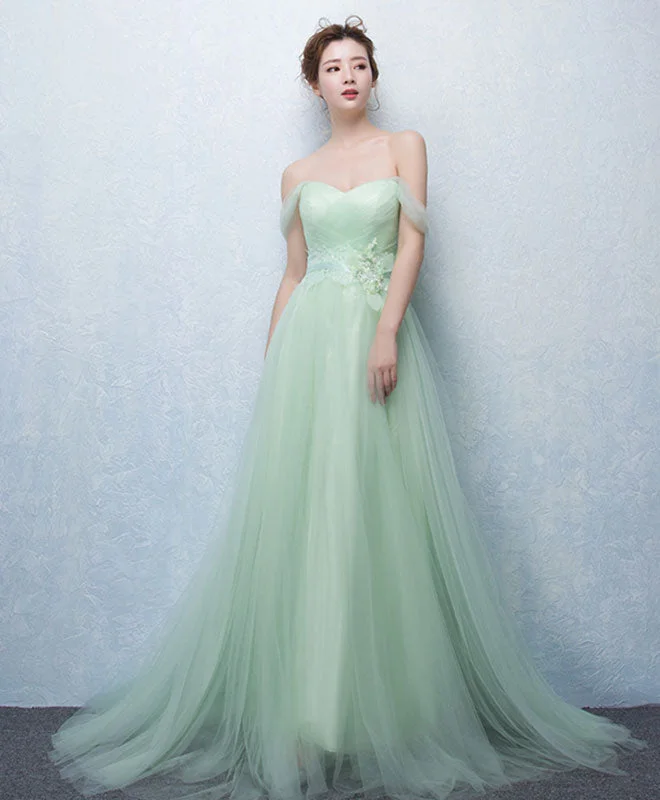 Button-Down DressCute Green Tulle Lace Long Prom Dress, Green Evening Dress