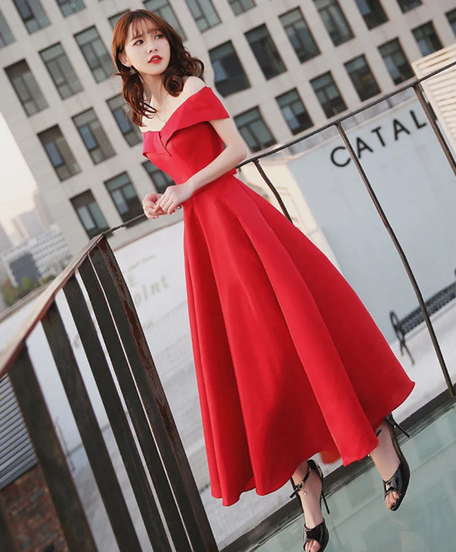 Leather DressSimple Red Off Shoulder Tea Length Prom Dress, Red Evening Dress