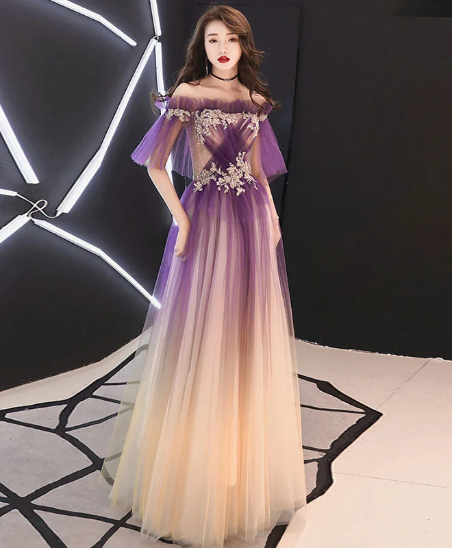 women's maternity dressesElegant Tulle Lace Long Prom Dress Purple Tulle Evening Dress