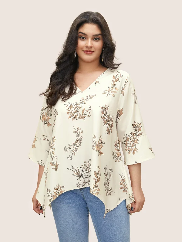 women's tops for those who want to wear pieces that are both functional and fashionablePlants Print Asymmetrical Hem Bell Sleeve Blouse