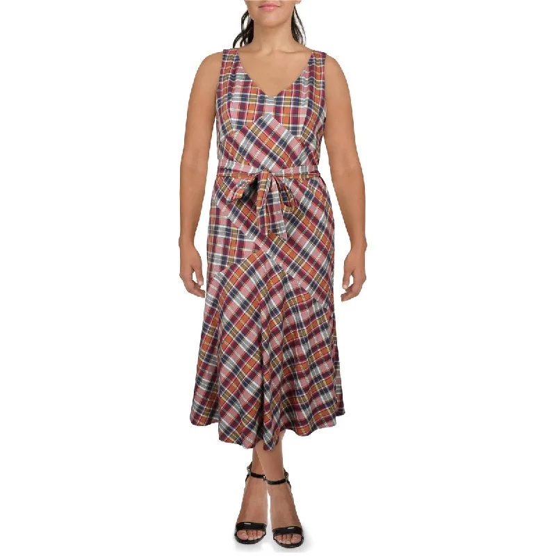 women's body-skimming dressesLauren Ralph Lauren Womens Madras Plaid Cotton Midi Dress