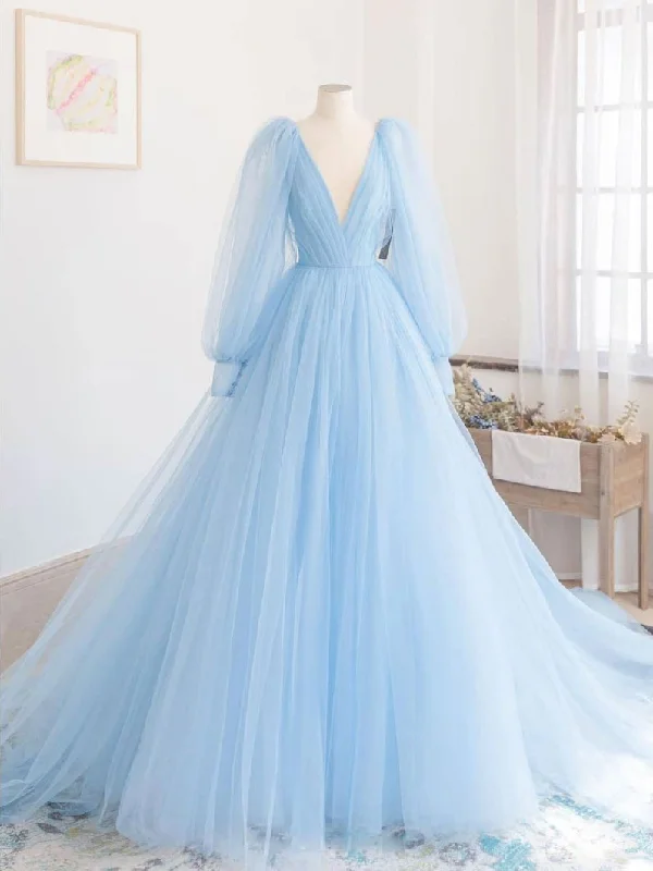 Flowy DressBlue V Neck Tulle Long Prom Dress Blue Tulle Evening Dress