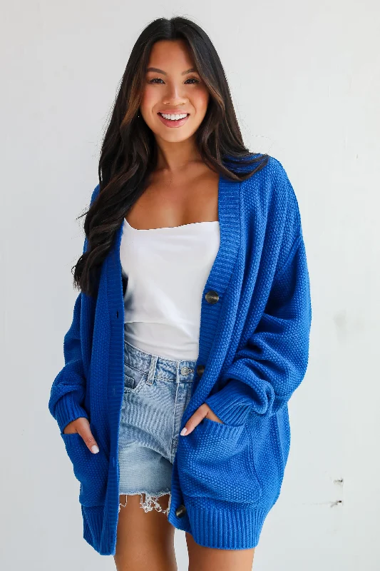 women's tops for those who want to create outfits that are both trendy and timelessCuddly Contentment Cobalt Sweater Cardigan