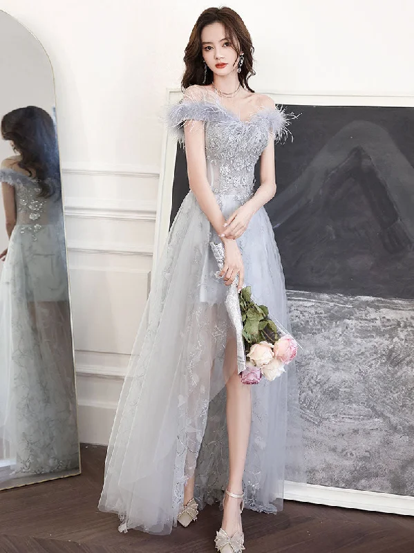 Animal Print DressGray Sweetheart Neck Tulle Long Prom Dress, Gray Evening Dress