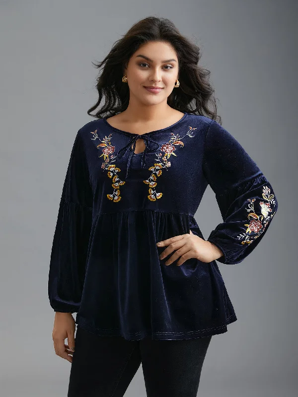 women's tops for those who want to add a touch of sophistication to their casual attireFloral Embroidered Velvet Tie Knot Blouse