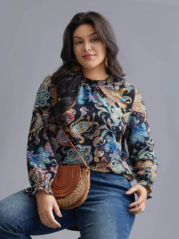 women's tops for casual FridaysStand Collar Paisley Shirred Blouse