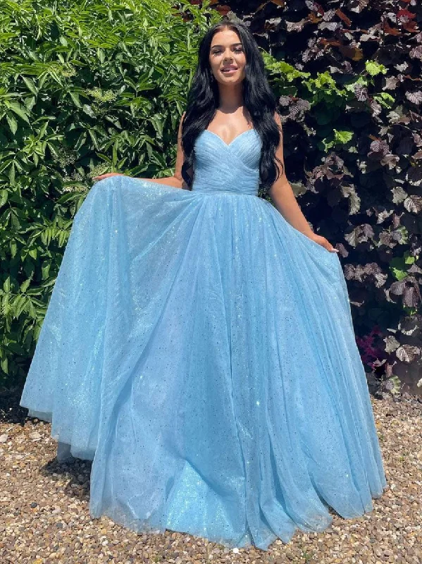 women's handmade dressesBlue V Neck Tulle Long Prom Dress, Blue Tulle Evening Dress