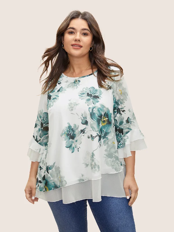 women's tops for those who want to create outfits that are both trendy and timelessChiffon Floral Ruffles Layered Patchwork Mesh Blouse