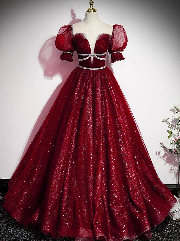 women's curve-hugging dressesBurgundy Tulle Sequin Long Prom Dress, Burgundy Formal Evening Dresses