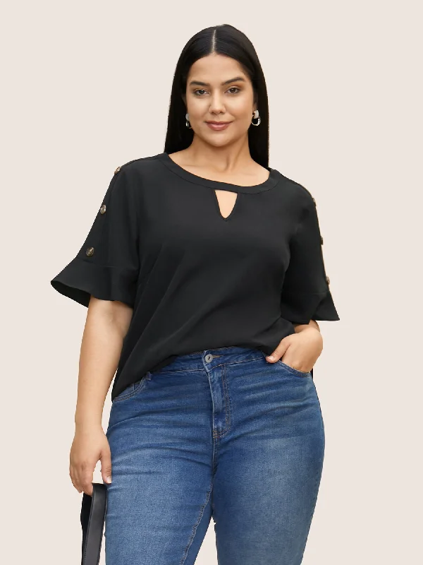 women's tops for those who want to invest in timeless piecesSolid Cut Out Ruffles Button Detail Blouse