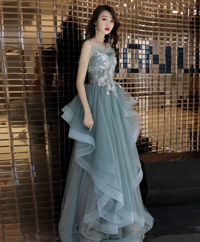 A-Line DressGreen Tulle Lace Long Prom Dress, Green Tulle Lace Evening Dress