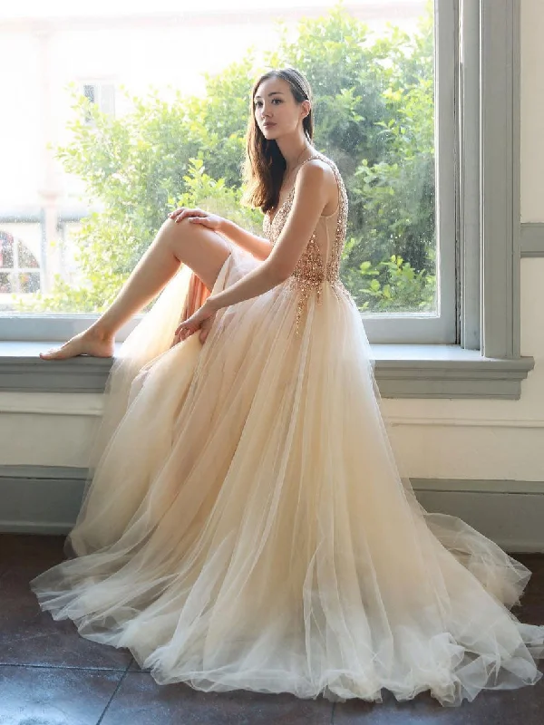 Organza DressChampagne V Neck Tulle Beads Long Prom Dress, Tulle Evening Dress