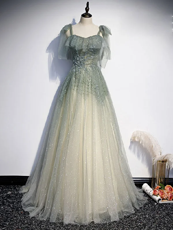 Party DressGray Green Tulle Sequin Beads Long Prom Dress, Green Evening Dress