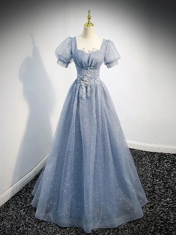 Tall Women DressGray Blue Tulle Long Prom Dress, Gray Blue Tulle Formal Evening Dresses