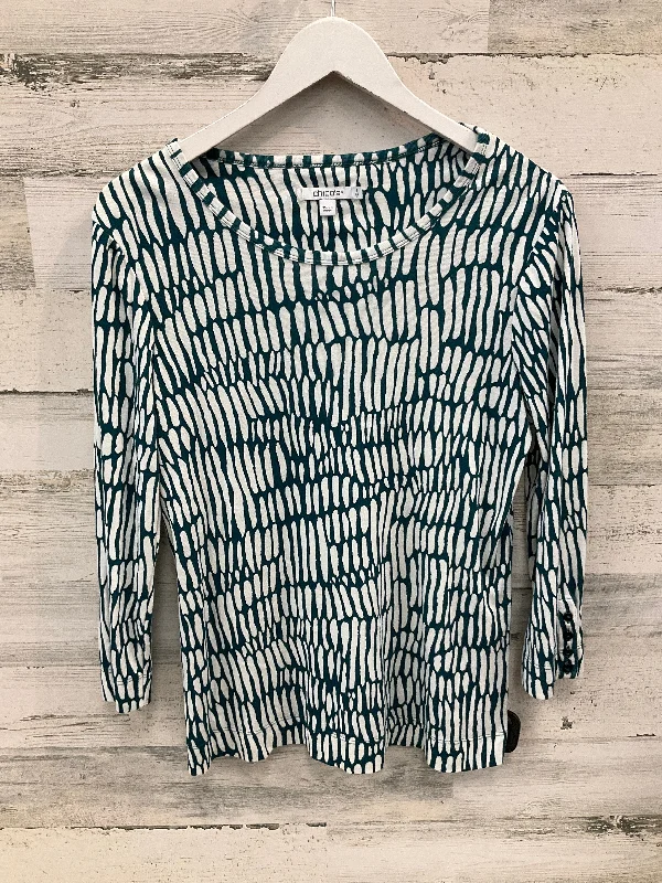 women's tops for evening soireesTop Long Sleeve By Chicos In Green & White, Size: M