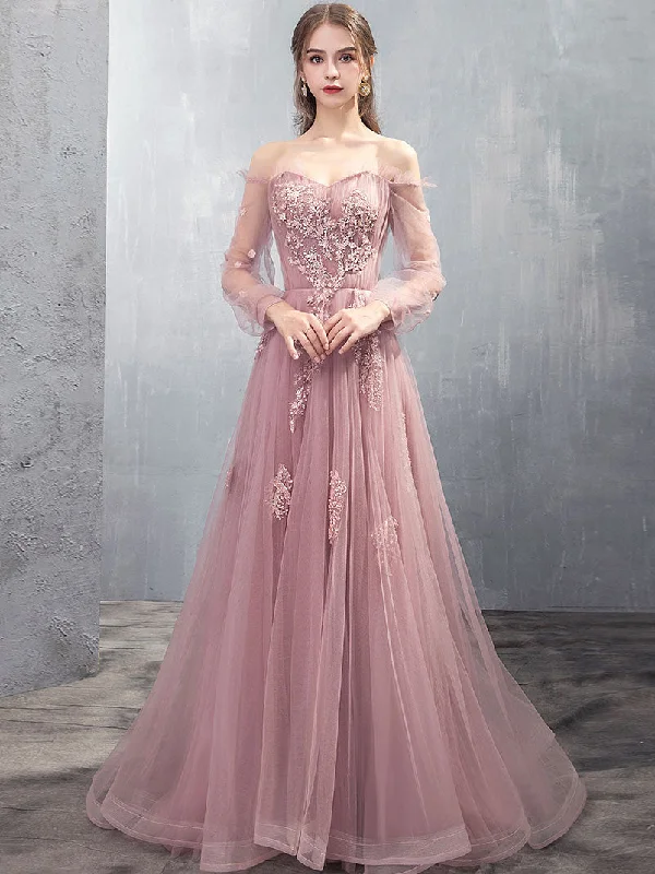 women's smart casual dressesPink A-line Tulle Lace Long Prom Dress Pink Lace Evening Dress