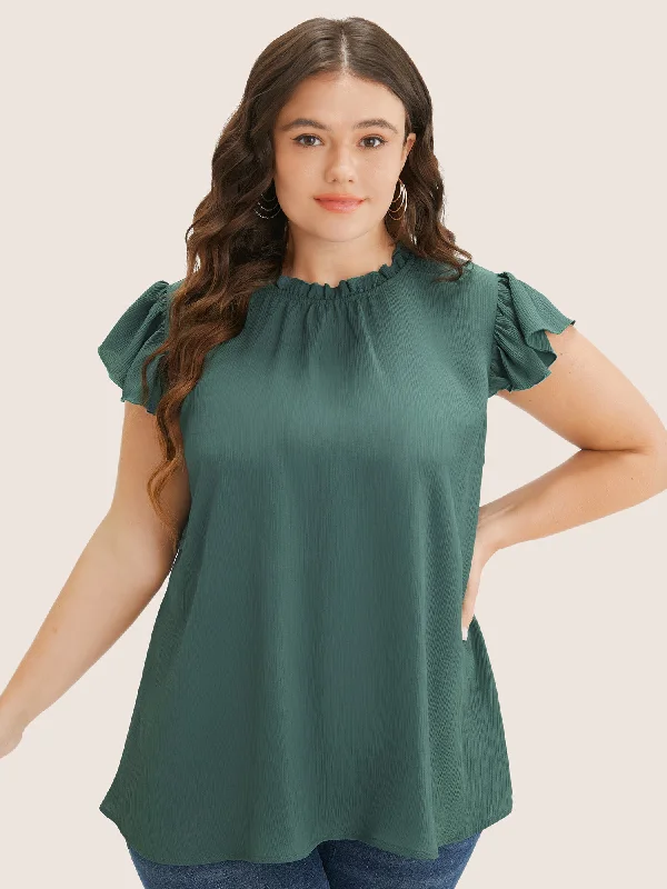 women's tops for fashion-conscious professionalsPlain Mock Neck Cap Sleeve Ruffle Trim Blouse