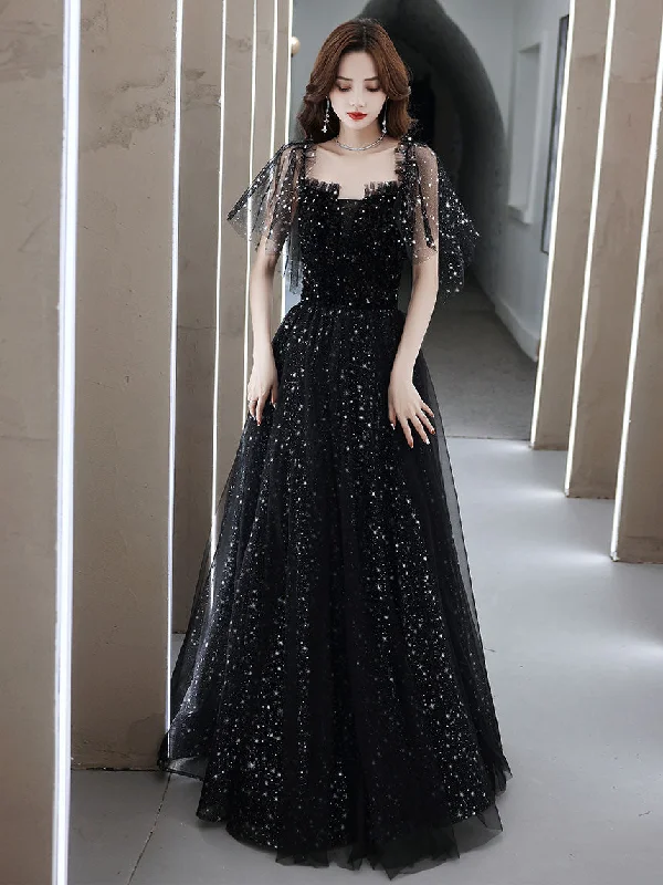 Tall Women DressBlack Tulle Off Shoulder Tulle Long Prom Dress Black Evening Dress