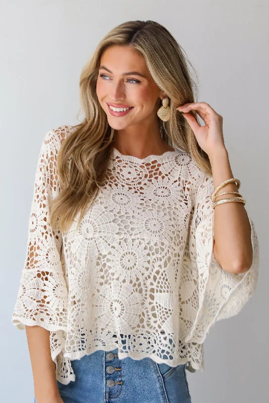 lace women's topsSincerely Marvelous Ivory Crochet Knit Top