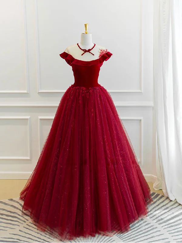 women's denim dressesBurgundy Round Neck Tulle Lace Long Prom Dress, Burgundy Evening Dress