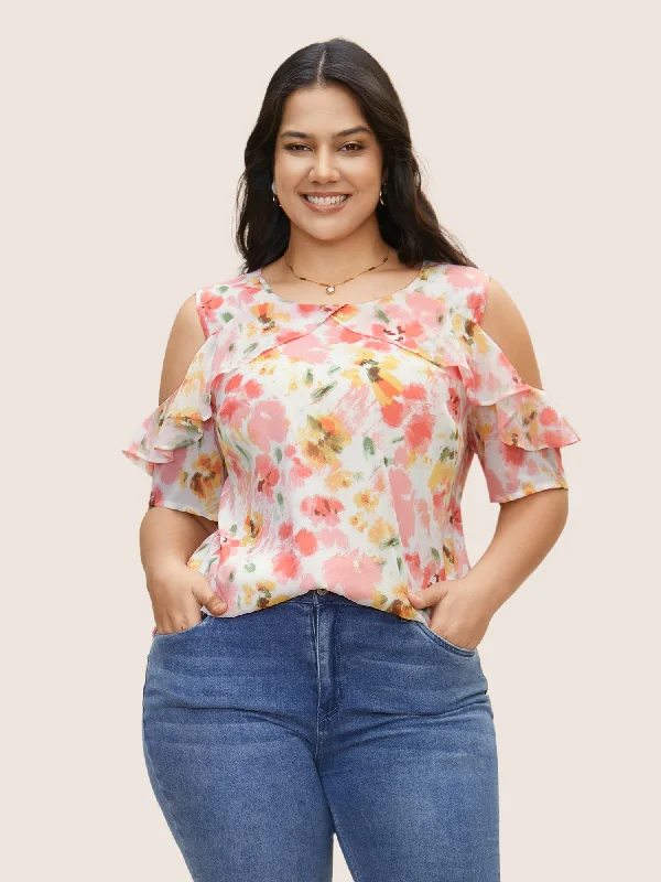 women's tops for fashion-forward individualsWatercolor Floral Cold Shoulder Ruffles Blouse