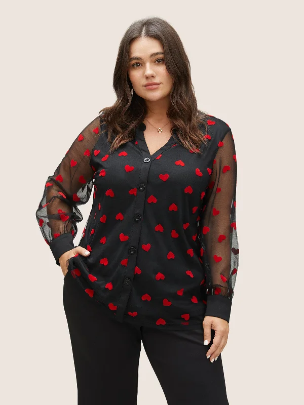 women's tops for those who value both quality and affordabilityHeart Mesh Patchwork V Neck Blouse