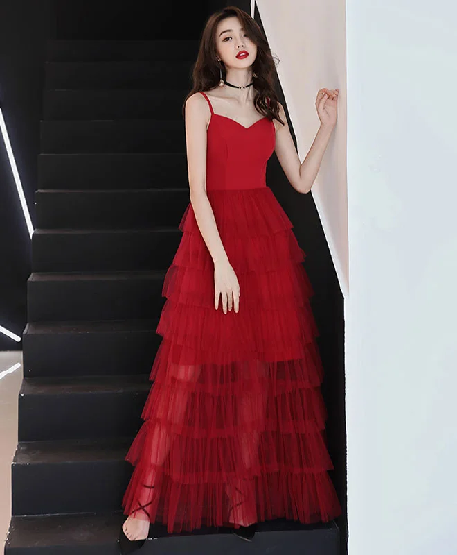 Sleeveless DressSimple Red Tulle Long Prom Dress, Red Tulle Evening Dress