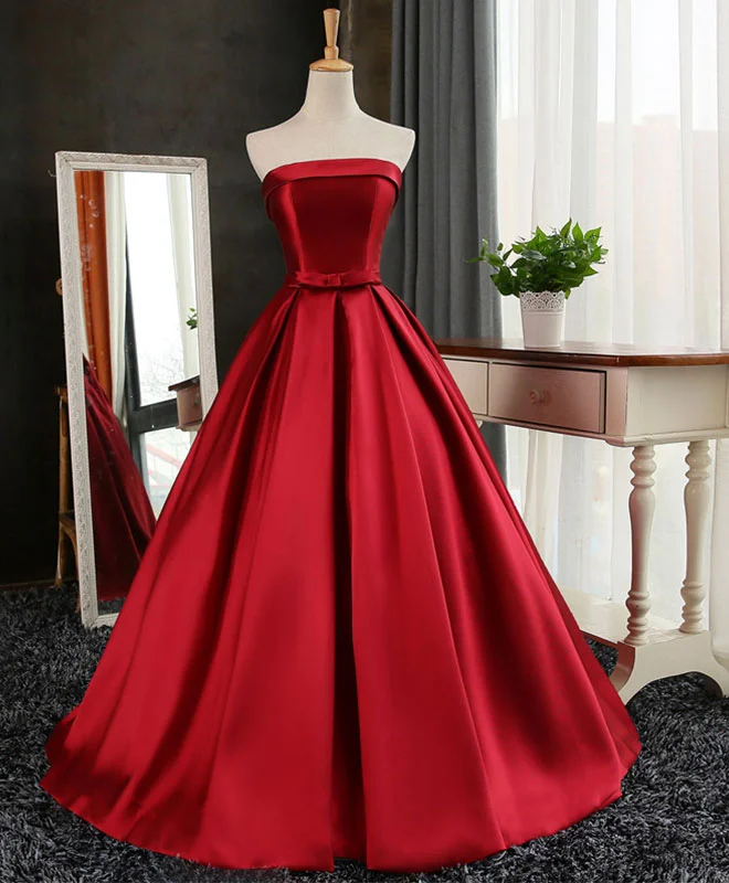 Metallic DressAline Burgundy Satin Long Prom Gown,  Evening Dress