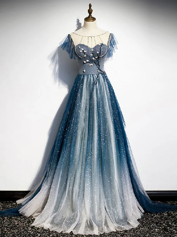 Plunging Neckline DressBlue Round Neck Tulle Beads Long Prom Dress, Blue Evening Dress