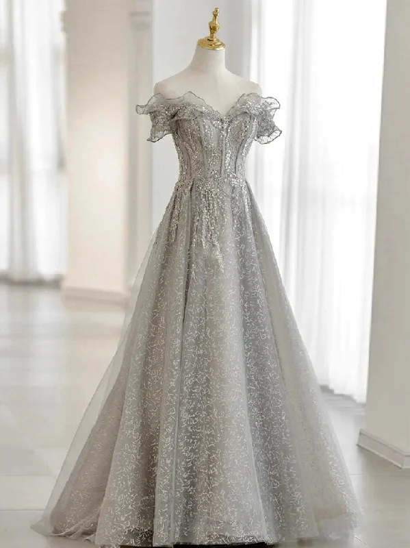 Lace DressGray Tulle Sequin Lace Off Shoulder Long Prom Dress, Gray Evening Dress