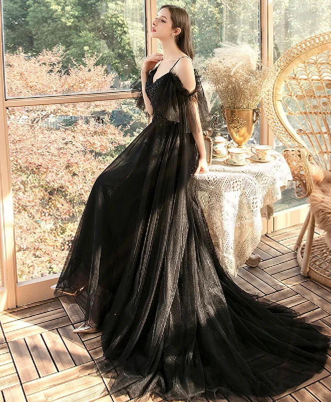 women's lace dressesBlack V Neck Tulle Lace Long Prom Dress Black Evening Dress