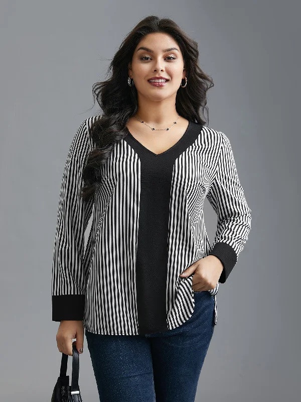 women's tops for those who want to add a personal touch to their wardrobe with unique and one-of-a-kind piecesV Neck Striped Patchwork Blouse