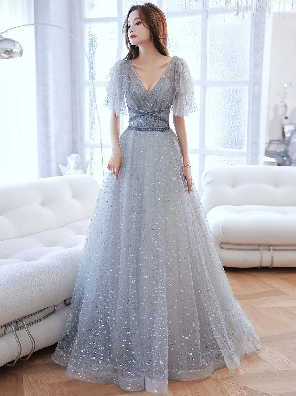 women's trendy dressesGray V Neck Tulle Long Prom Dress, Gray A line Evening Dress