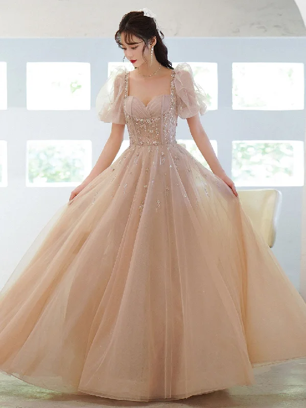 Off-The-Shoulder DressChampagne Tulle Beads Long Prom Dress, Champagne Evening Dress