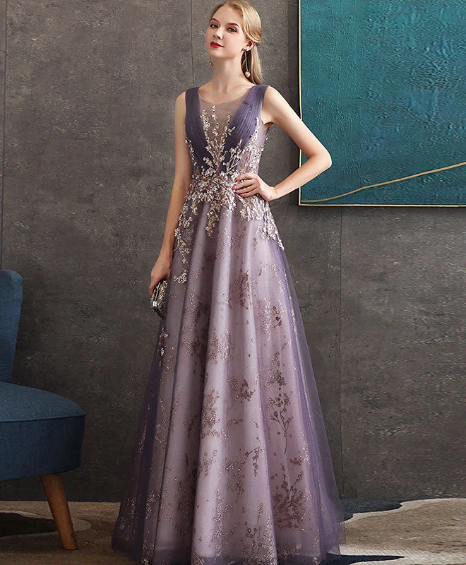 women's bodycon dressesPurple Round Neck Tulle Lace Long Prom Dress Purple Evening Dress