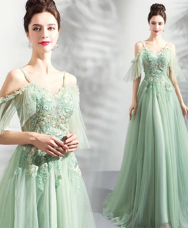 women's wrinkle-resistant dressesGreen Tulle Off Shoulder Long Prom Dress, Green Tulle Evening Dress