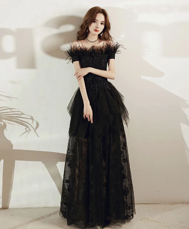 women's prom dressesBlack Tulle Lace Long Prom Dress, Black Formal Lace Evening Dress