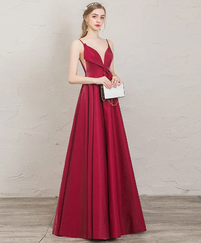 women's made-to-order dressesSimple V Neck A Line Satin Long Prom Dress Red Evening Dress