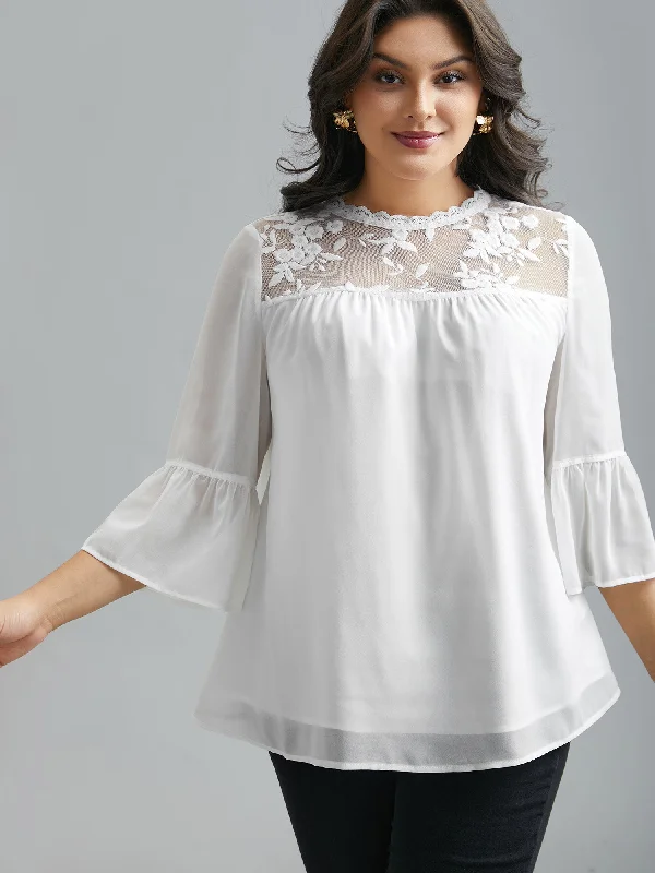 women's tops with built-in brasDreamy Lace Neck Flared Sleeve Chiffon Blouse