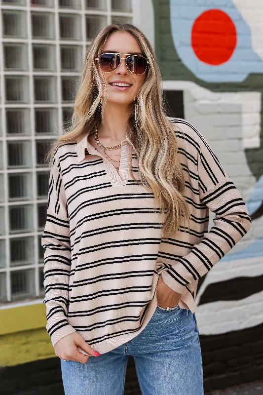 women's tops with cold-shoulder cutsFINAL SALE - Cuddly Couture Taupe Striped Collared Knit Top