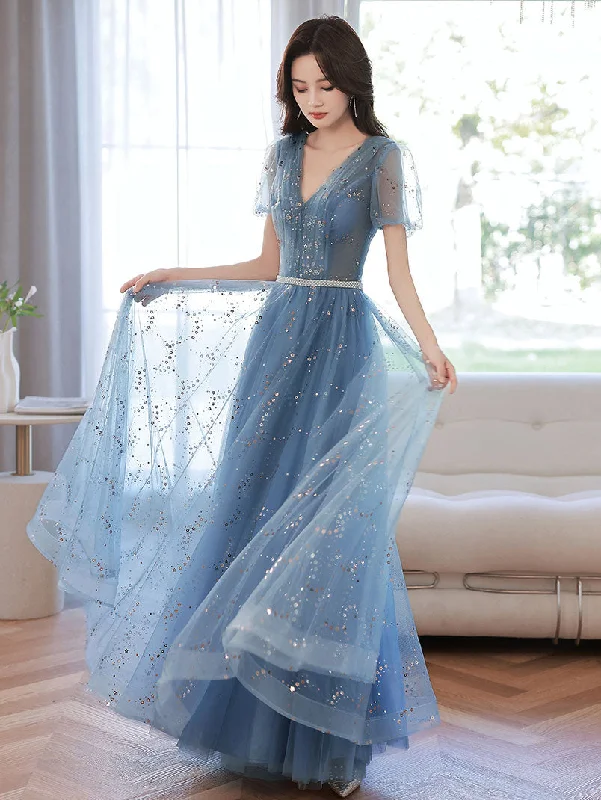 Casual Chic DressBlue V Neck Tulle Tea Length Prom Dress, Blue Tulle Formal Evening Dress