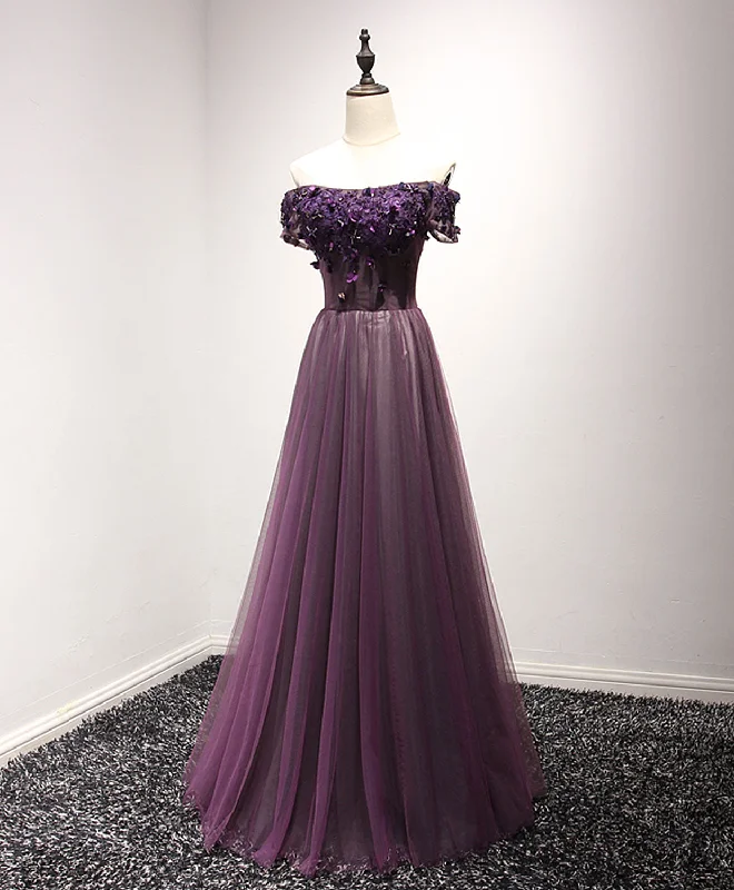 women's breathable dressesPurple Tulle Lace Off Shoulder Long Prom Dress, Purple Evening Dress