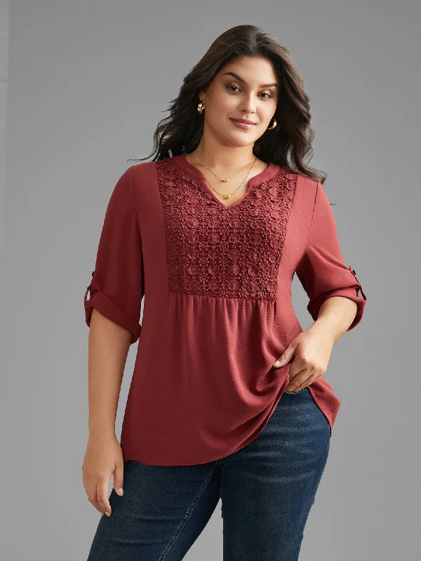 women's tops for those who want to stay cool and chic during warmer weatherNotched Lace Panel Tab Sleeve Blouse