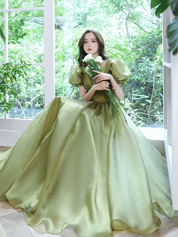 Striped DressSimple Green V Neck Tulle Long Prom Dress, Green Evening Dresses