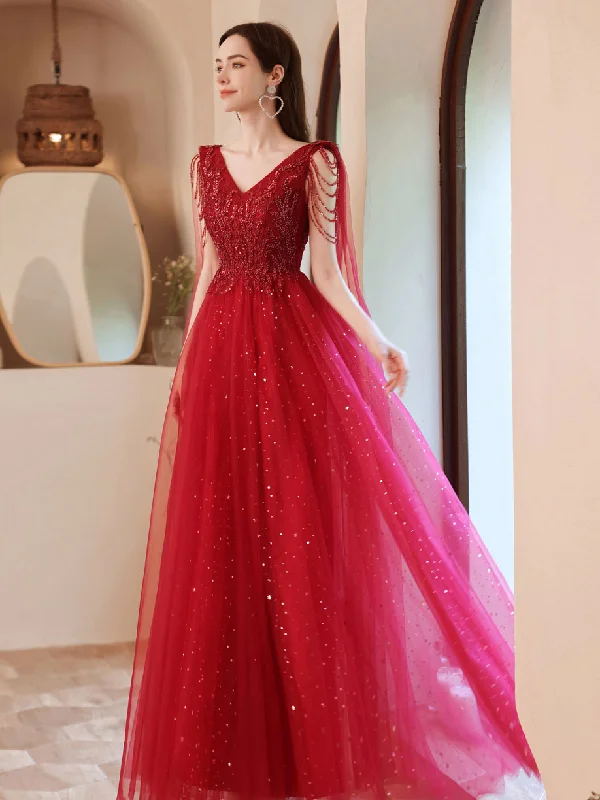 women's smart casual dressesBurgundy V Neck Tulle Lace Beads Long Prom Dress, Burgundy Evening Dress